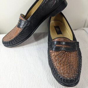 Zelli Mens Sz 9 Crocodile Ostrich Penny Loafer Slip on Shoes brown black leather
